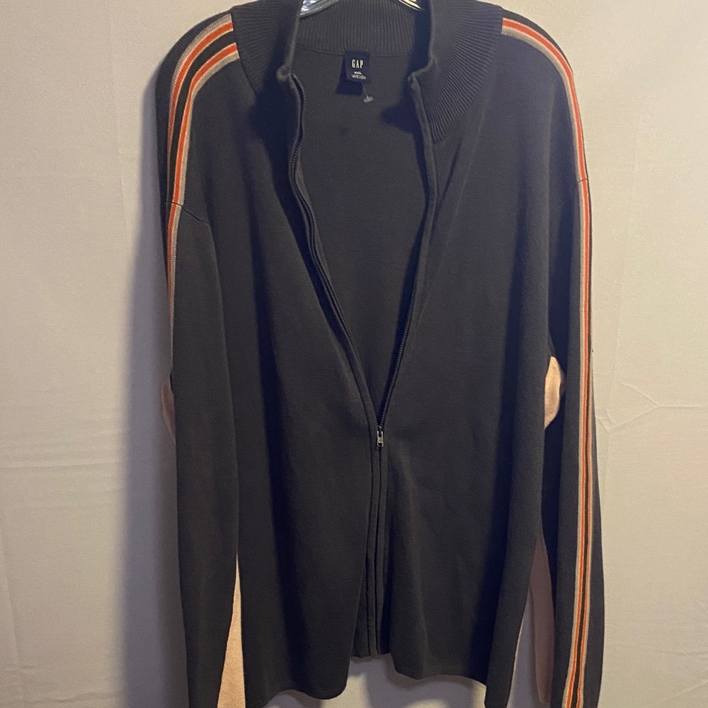 GAP Men's  gray Zip-Up Sweater with Red and Tan Stripes